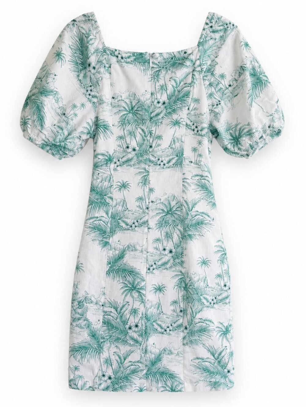 Linen Lux XS Teal Palm Print Linen Blend Mini Dress Square Neck Puff Sleeve Cute - Picture 5 of 14